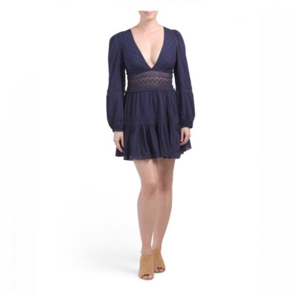 Free People Navy Long-Sleeve Deep V Mini Dress